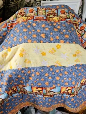 Handmade Blue and Yellow Patchwork Quilt - Seasonal Pumpkin and Floral Print